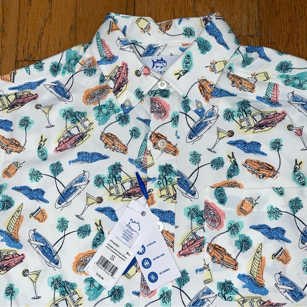 Southern Tide Poolside View Print Performance Button Down Shirt Size S White NEW